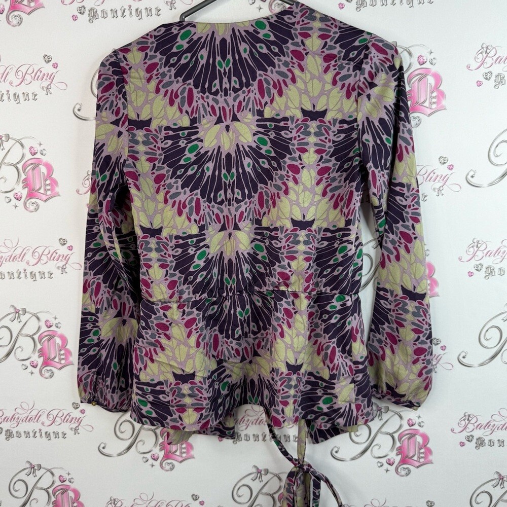 Banana Republic blouse long sleeve floral Purple and Green Wrap shirt tie up - Picture 2 of 13